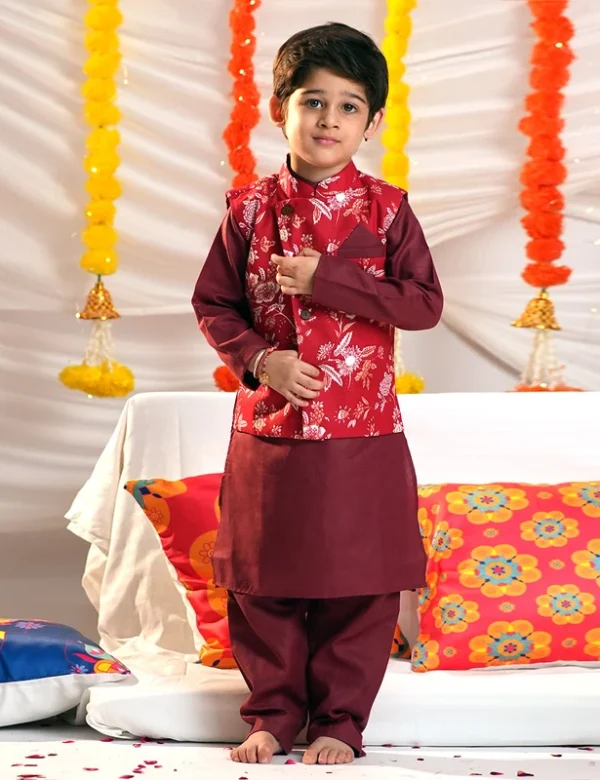 Boys Ethnic Kurta Pajama Set with Printed Nehru Jacket