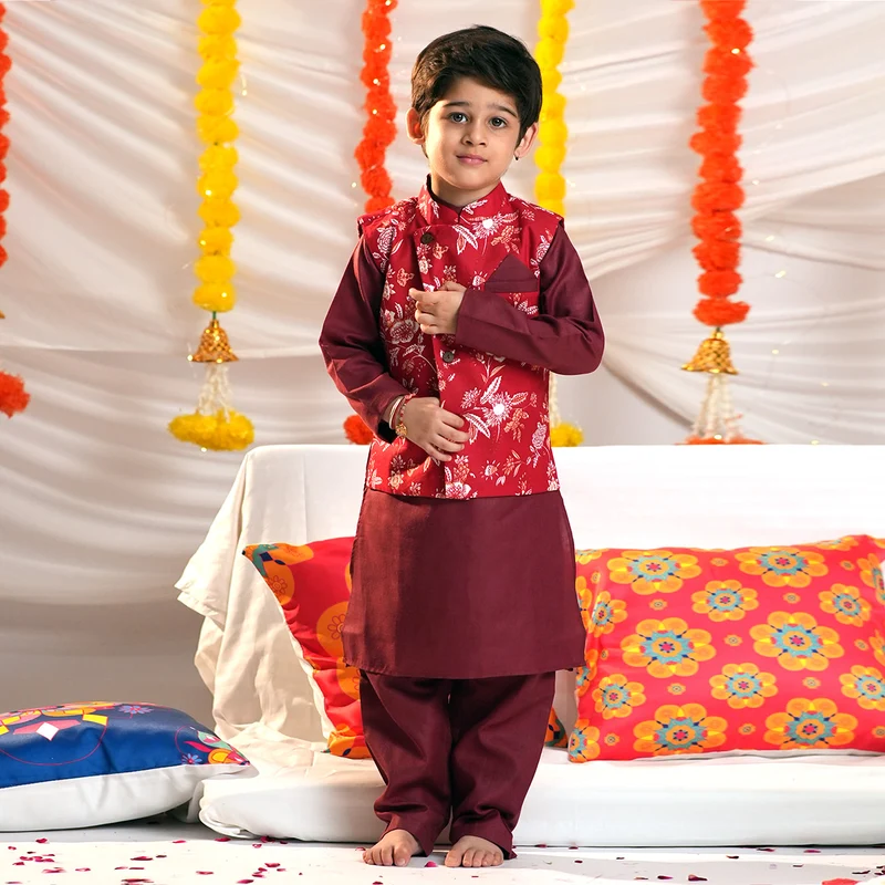 Boys Ethnic Kurta Pajama Set with Printed Nehru Jacket
